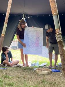 Drei Menschen unterreichten in einer Jurte mit einem Flipchart