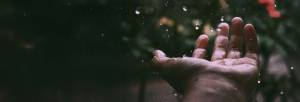 Eine Hand fängt Regentropfen auf. Kontakt mit der Natur